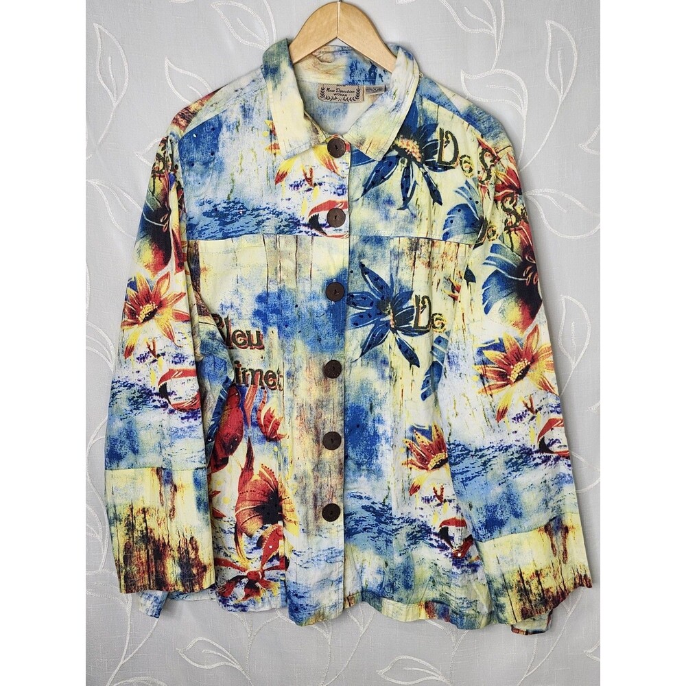New Directions Womens 2X Cotton Graphic Button Up Blazer Jacket Colorful Beaded